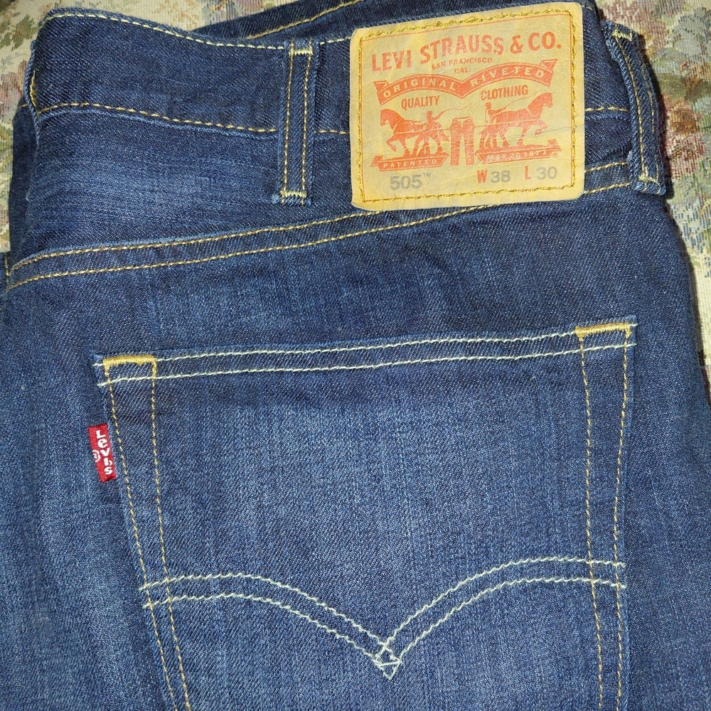 Levi's Men's Straight 505 Jeans in Dark Blue with Yellow Stitching